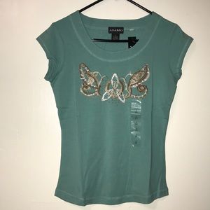 Tiffany blue butterfly beaded short sleeve blouse